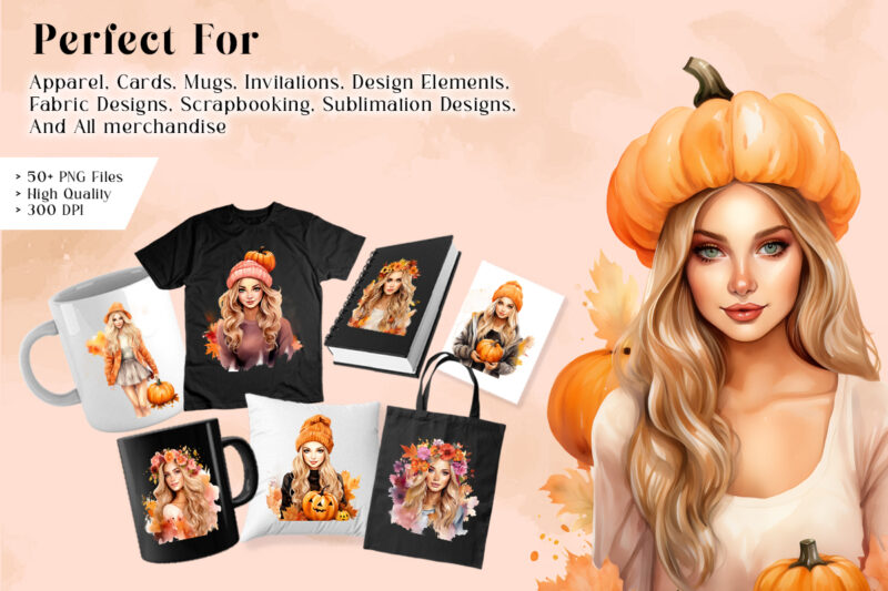 Autumn Barbies PNG Watercolor Clipart, Fall Girl Sublimation, Autumn Collection, Fall Sublimation Bundle