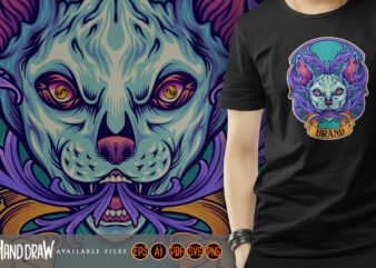 Magical cat with intricate petals engravings t shirt designs for sale