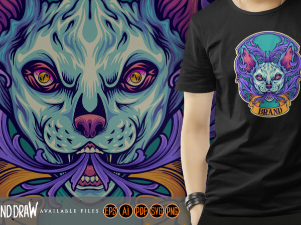 Magical cat with intricate petals engravings t shirt designs for sale Magical cat with intricate petals engravings t shirt designs for sale