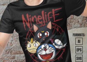 Premium Anime Cats Vector T-shirt Design Template