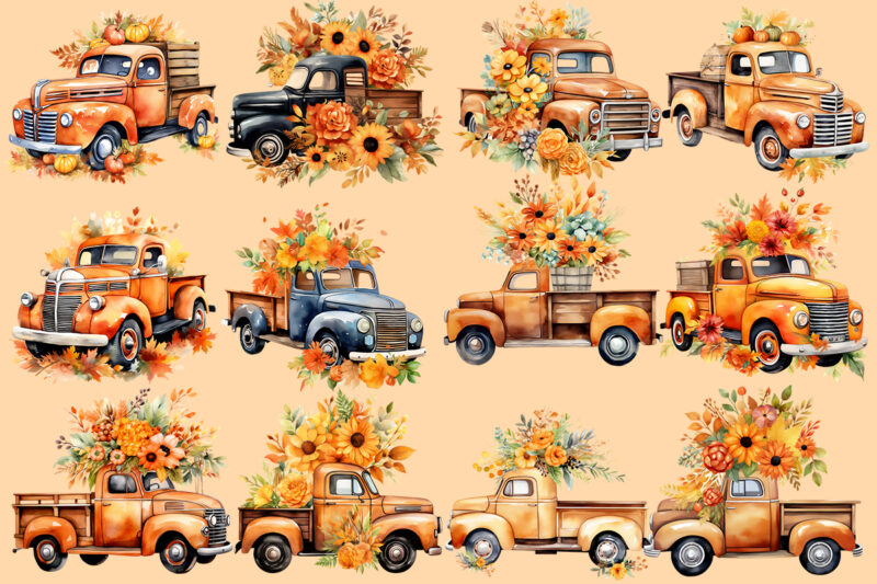 Vintage Fall Truck PNG Watercolor Sublimation Clipart Bundle, Fall T-shirt Designs Bundle, Watercolor Autumn Fall Sublimation Bundle for Print on Demand