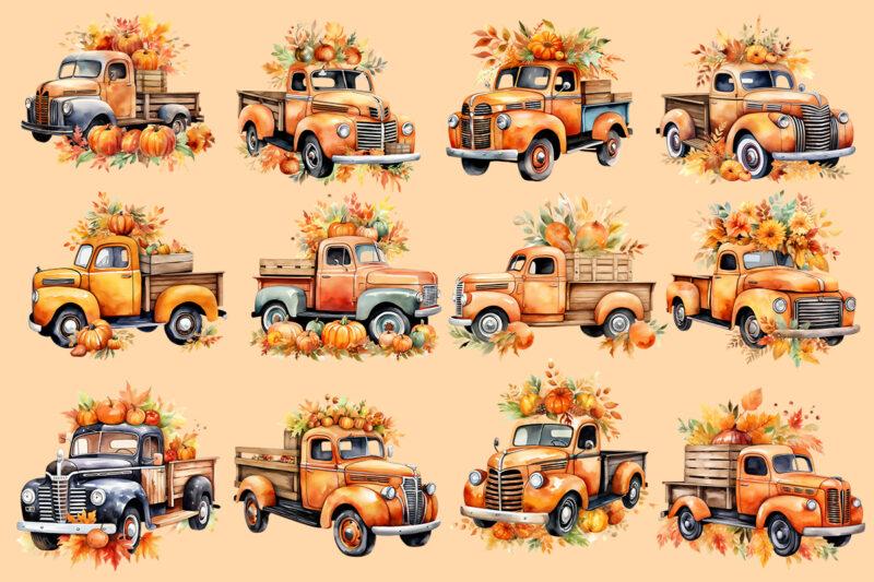 Vintage Fall Truck PNG Watercolor Sublimation Clipart Bundle, Fall T-shirt Designs Bundle, Watercolor Autumn Fall Sublimation Bundle for Print on Demand