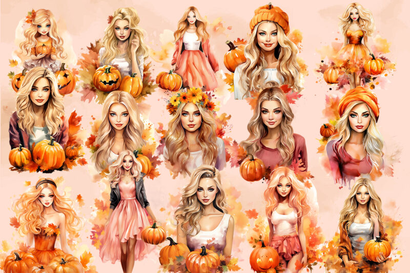 Autumn Barbies PNG Watercolor Clipart, Fall Girl Sublimation, Autumn Collection, Fall Sublimation Bundle