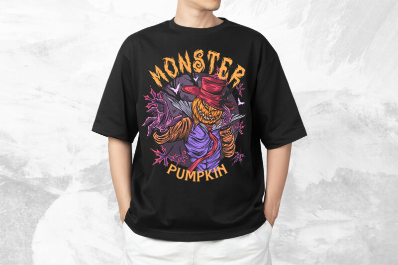 Monster Pumpkin Halloween T-shirt Design, Vector Halloween T shirt Design for POD