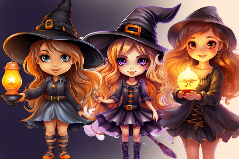 Cute Halloween Witch Girl PNG Clipart Bundle, Anime Halloween Girl T-shirt Designs, Halloween PNG T shirt Designs Bundle