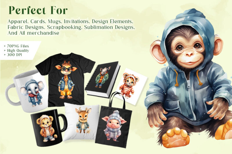 Cute Baby Jungle Animals Cartoon Watercolor Clipart Mega Bundle, Cute Baby Animals Sublimation T-shirt Designs
