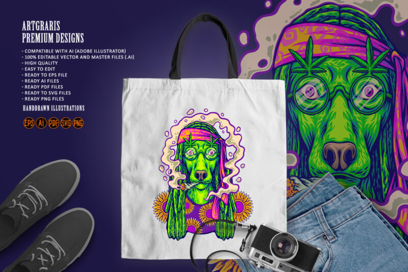 Summer hippie dog enjoying cannabis joint