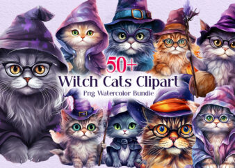 Witch Cats Clipart PNG Watercolor Bundle, Halloween cat t shirt design, Halloween witches clipart element collection