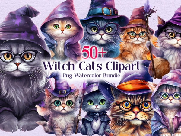 Witch cats clipart png watercolor bundle, halloween cat t shirt design, halloween witches clipart element collection