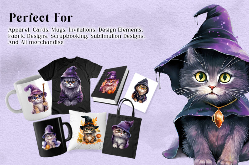 Witch Cats Clipart PNG Watercolor Bundle, Halloween cat t shirt design, Halloween witches clipart element collection
