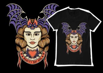 Beauty bat girl illustration for tshirt template