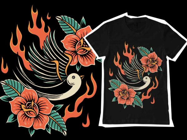 Burning swallow illustration for tshirt design
