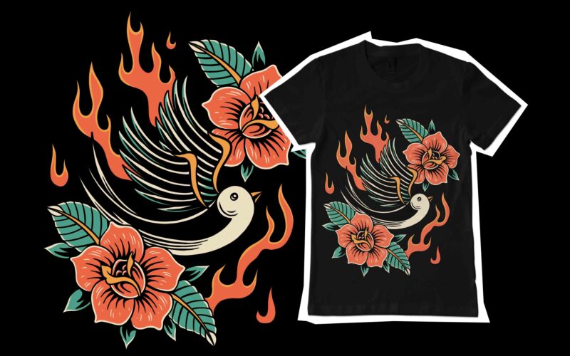 burning swallow illustration for tshirt design