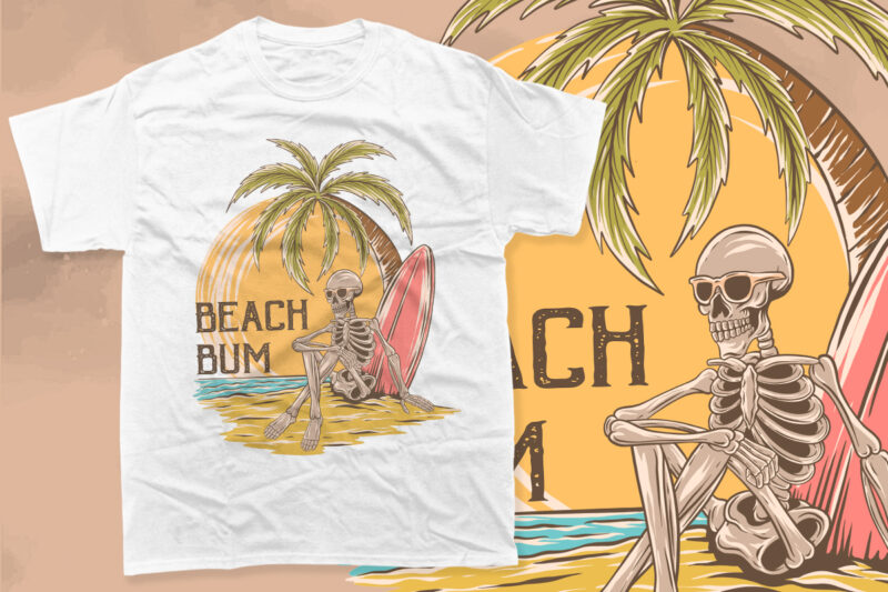 Vintage Skeleton Summer Beach PNG T-shirt Designs Bundle, Summer Vacation T-shirt Design for Print on Demand,