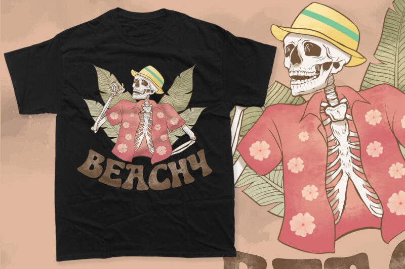 Vintage Skeleton Summer Beach PNG T-shirt Designs Bundle, Summer Vacation T-shirt Design for Print on Demand,