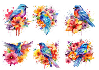 Rainbow Flower Bird Watercolor Clipart