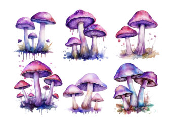 Watercolor Purple Magic Mushrooms Digital Clip Art