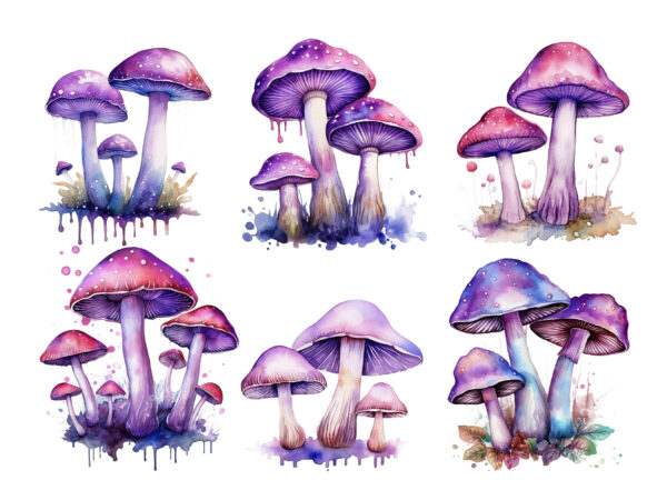 Watercolor purple magic mushrooms digital clip art t shirt design for sale