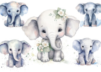 Cute Baby Elephant white flower Watercolor Clipart t shirt vector file