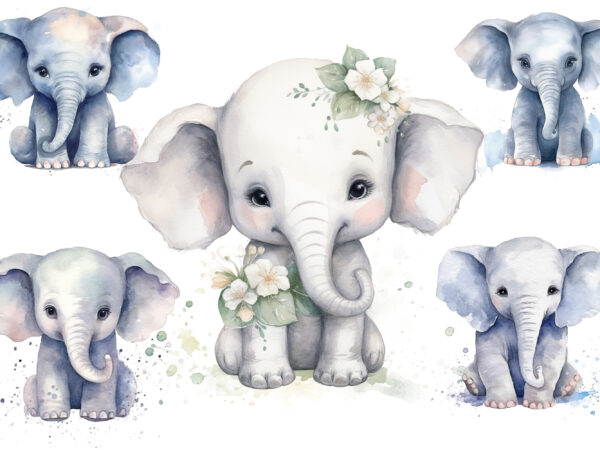 Cute baby elephant white flower watercolor clipart t shirt vector file