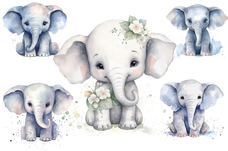 Cute Baby Elephant white flower Watercolor Clipart