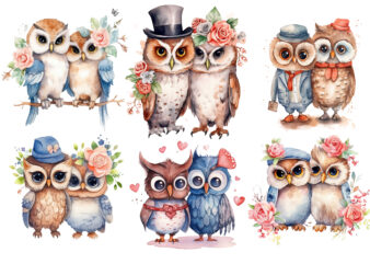 Cute Couple Owl with flower Watercolor Clipart t shirt vector file