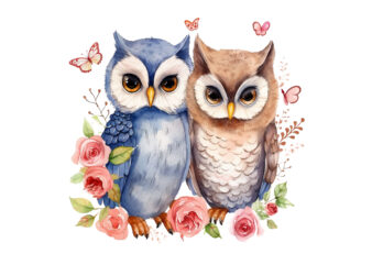 Cute Couple Owl with flower Watercolor Clipart t shirt vector file