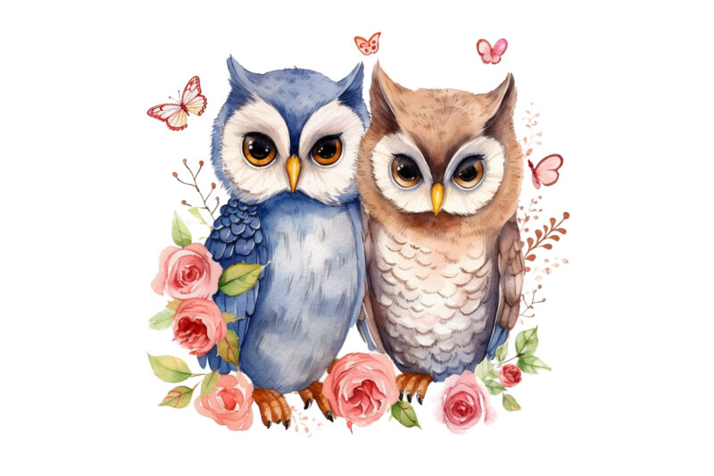 Cute Couple Owl with flower Watercolor Clipart