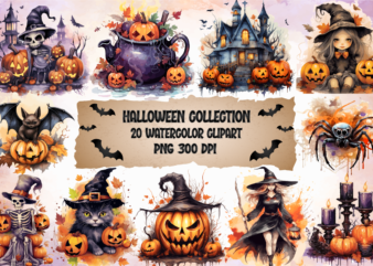 Halloween Watercolor Clipart, Watercolor Halloween Sublimation, Halloween Clipart Bundle