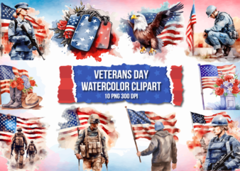 Watercolor Veterans Day Clipart Bundle, Memorial Day Sublimation Set