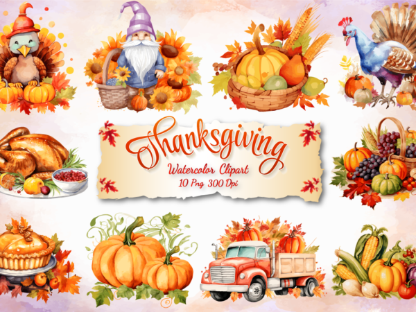 Thanksgiving day watercolor sublimation clipart bundle t shirt designs for sale