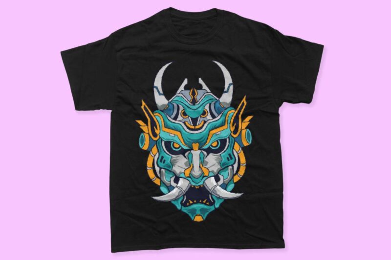 Oni Mask Mecha Japan Culture Vector T-shirt Designs Bundle, Hannya Mask Robot Artwork illustration t shirt design for commercial use