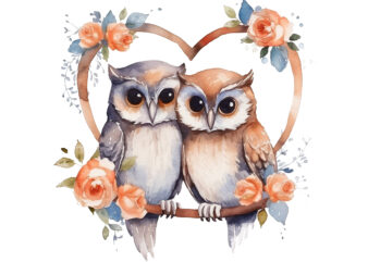 Cute Couple Owl with flower Watercolor Clipart png