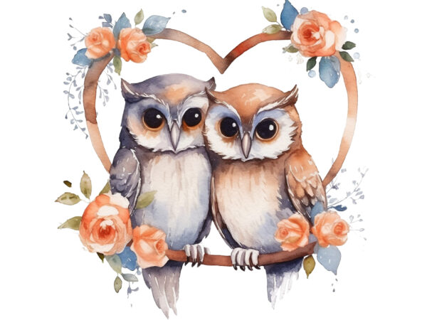 Cute couple owl with flower watercolor clipart png t shirt vector file