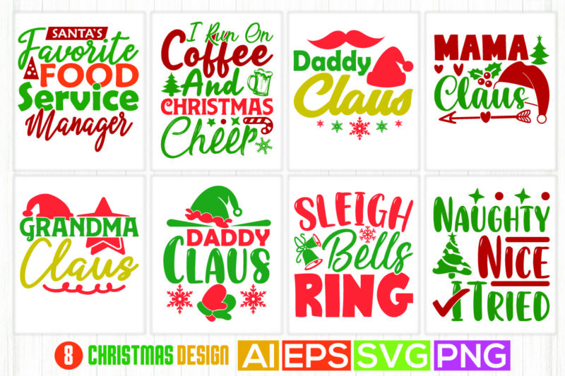 christmas cheer typography vintage design, mama claus, daddy claus sleigh bells ring retro graphic template