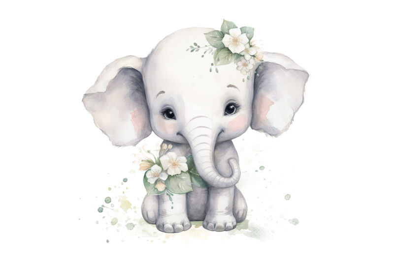 Cute Baby Elephant white flower Watercolor Clipart