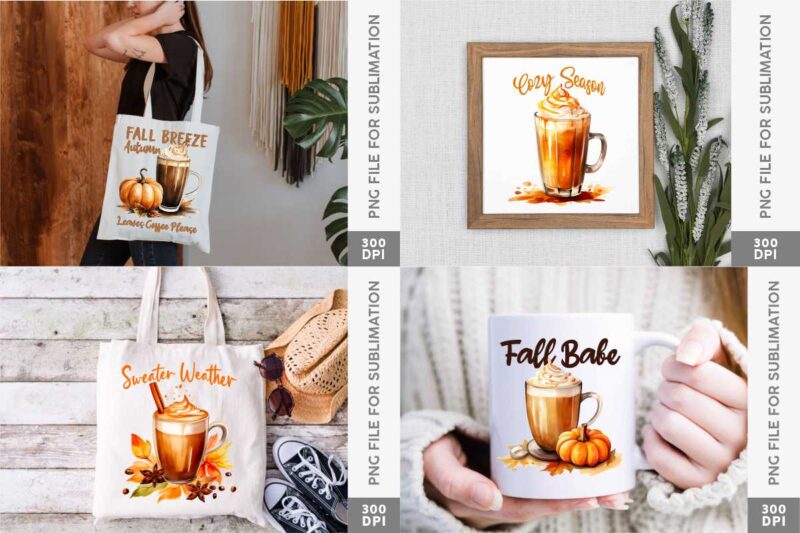 Pumpkin Fall Spice Coffee PNG Sublimation Bundle, Fall T-shirt Designs