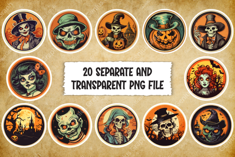 Retro Halloween Stickers Bundle, Rounded Halloween Stickers