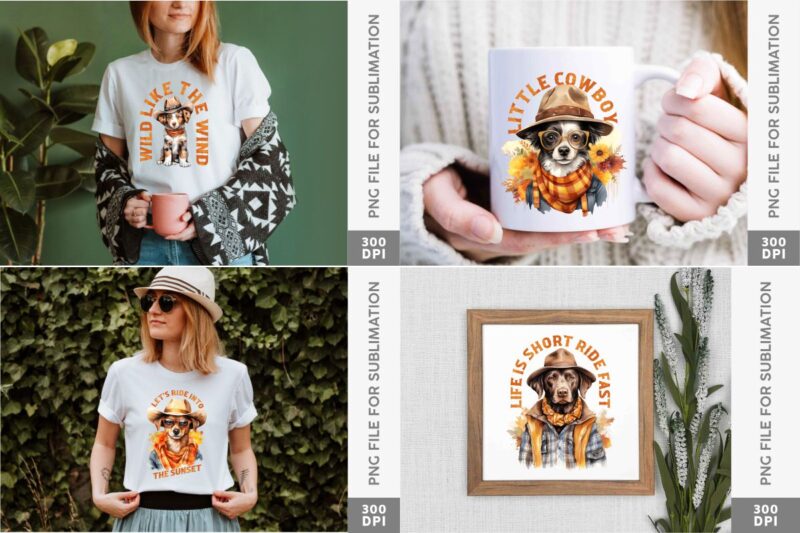 Retro Fall Cowboy Dog Sublimation Bundle, Western Clipart Bundle, Autumn Fall Quotes T-shirt Designs Bundle, Commercial Use T-shirt Designs