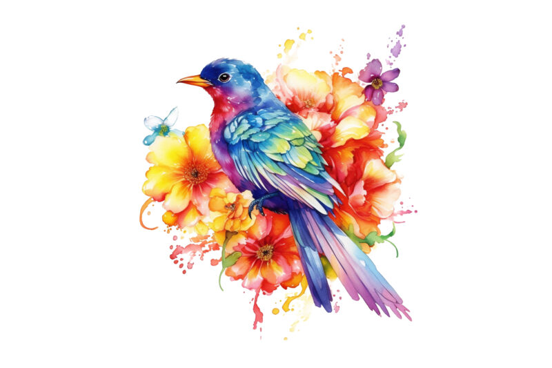 Rainbow Flower Bird Watercolor Clipart