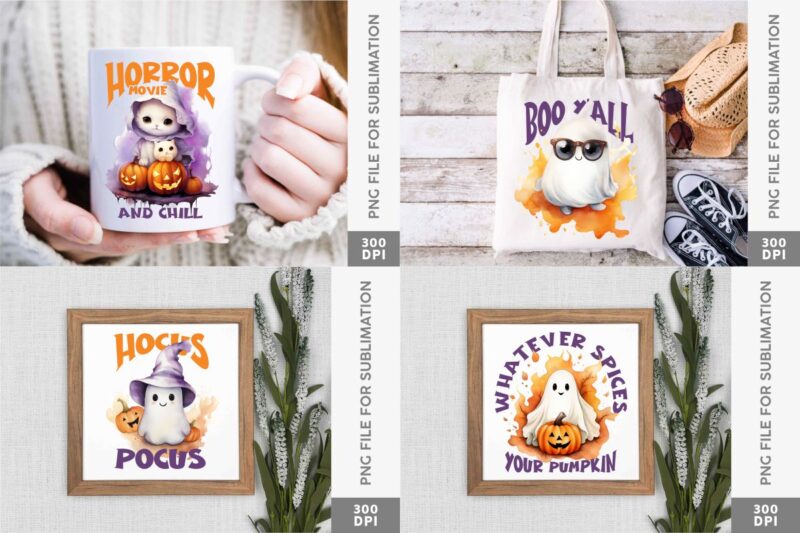 Cute Fall Halloween Ghost Sublimation Designs Bundle, Halloween T-shirt Designs Sublimation Watercolor Bundle, Cute Ghost Png Collection