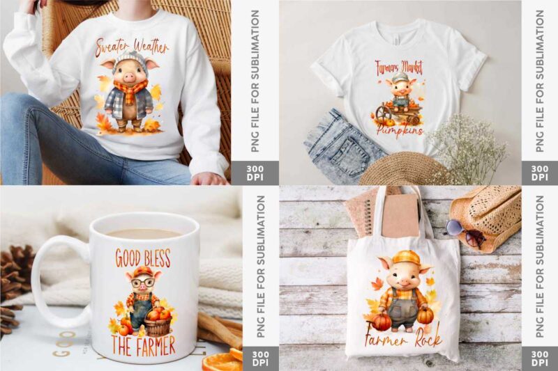 Cute Fall Pig Sublimation Designs, Pumpkins Farm PNG Bundle