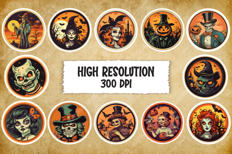 Retro Halloween Stickers Bundle, Rounded Halloween Stickers