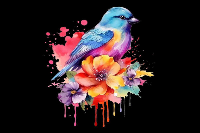 Rainbow Flower Bird Watercolor Clipart