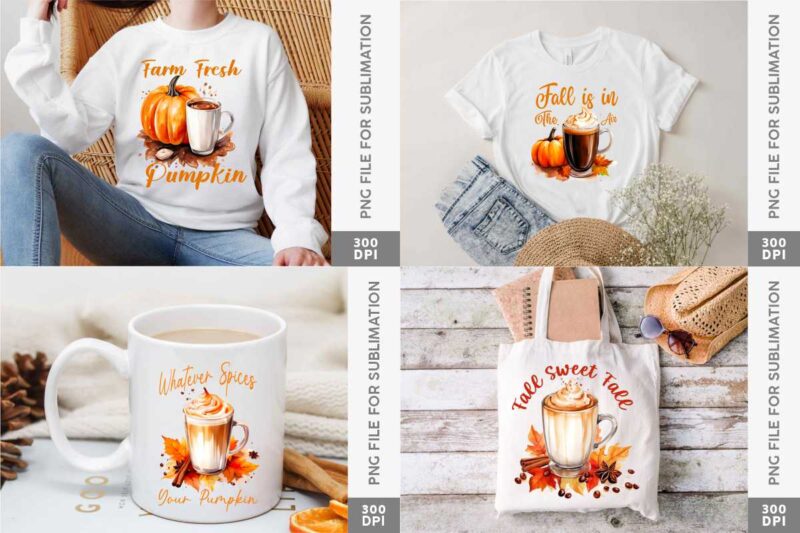 Pumpkin Fall Spice Coffee PNG Sublimation Bundle, Fall T-shirt Designs