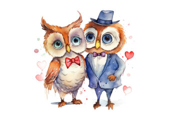 Cute Couple Owl with flower Watercolor Clipart t shirt vector file