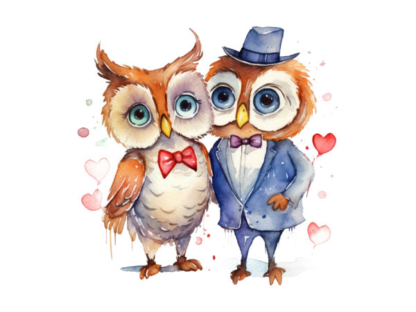 Cute couple owl with flower watercolor clipart t shirt vector file