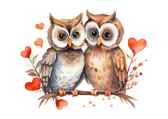 Cute Couple Owl with flower Watercolor Clipart