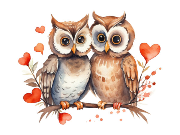 Cute couple owl with flower watercolor clipart t shirt vector file