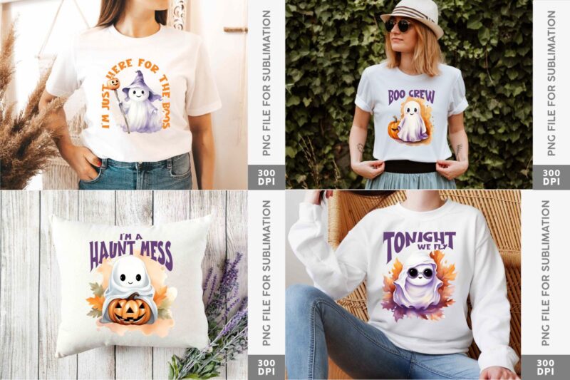 Cute Fall Halloween Ghost Sublimation Designs Bundle, Halloween T-shirt Designs Sublimation Watercolor Bundle, Cute Ghost Png Collection